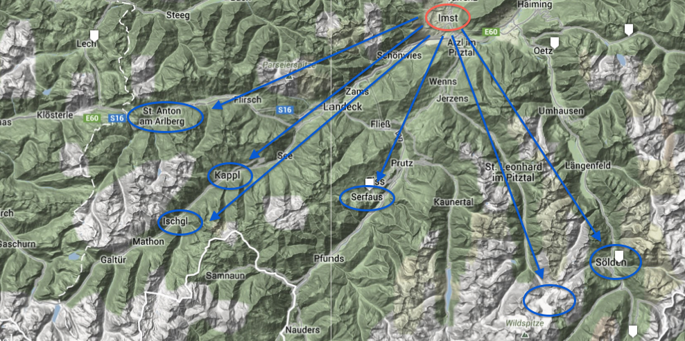 Die Landkarte mit der &Uuml;bersicht der Skigebiete